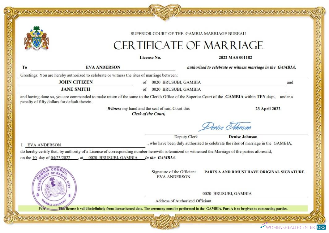 Download Gambia marriage certificate Word and PDF template Photoshop template